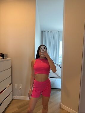 Kith Pink Ribbed Crop Tank & Biker Short Matching Set